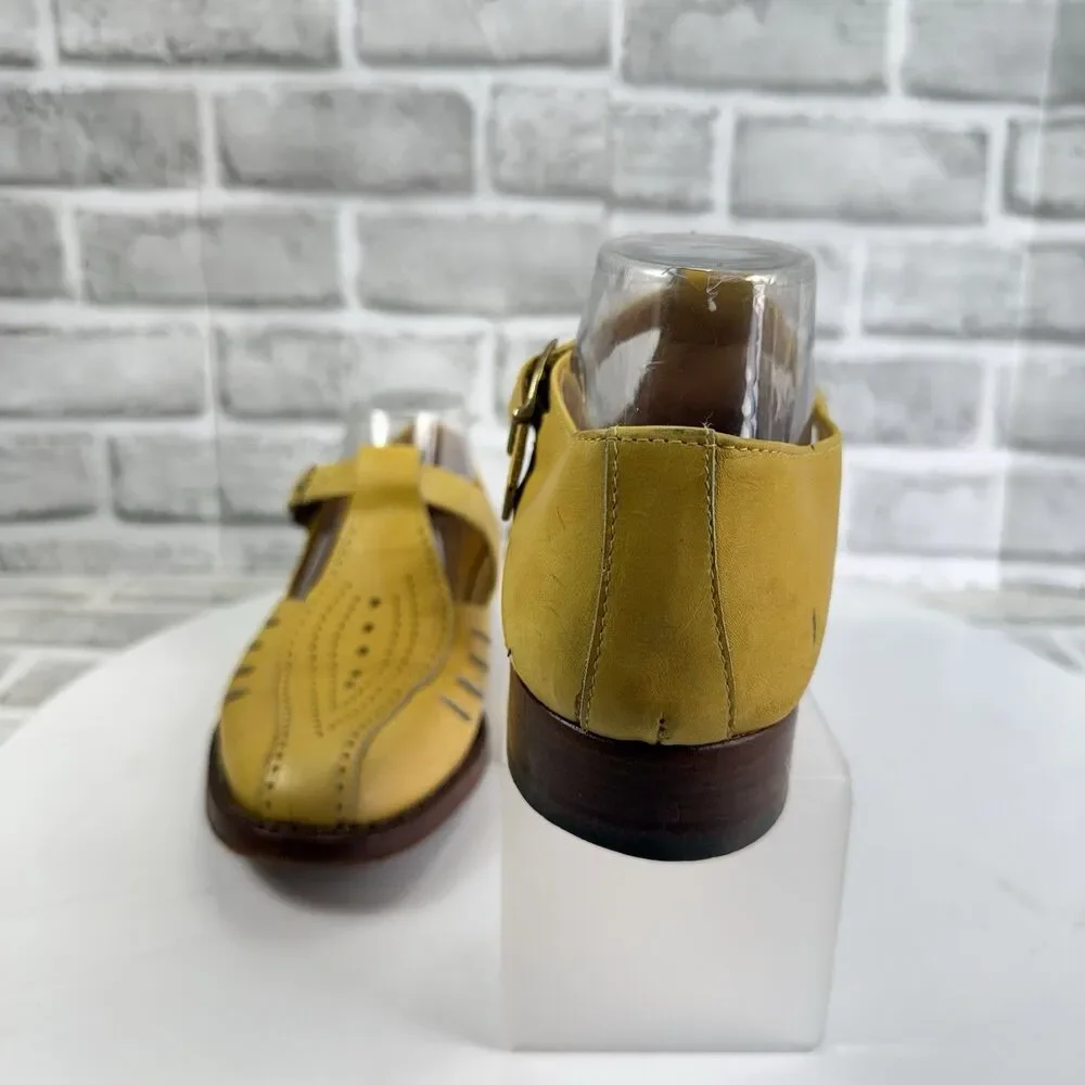 Basco Made in Italy Women's 40- 9/9.5 US Yellow Leather T Strap Fisherman Loafer